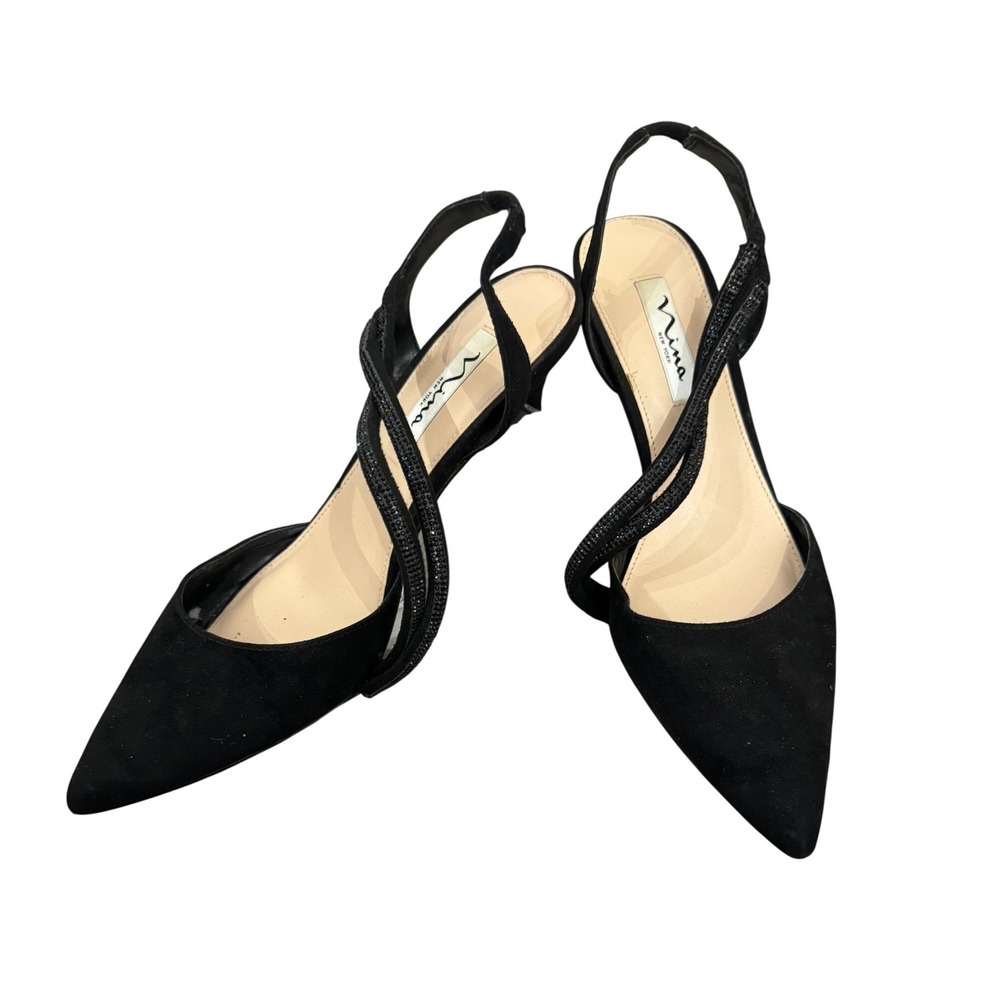 Nina Rhinestone Slingback Pumps Black Tansy Pointed Toe Heels 9.5M